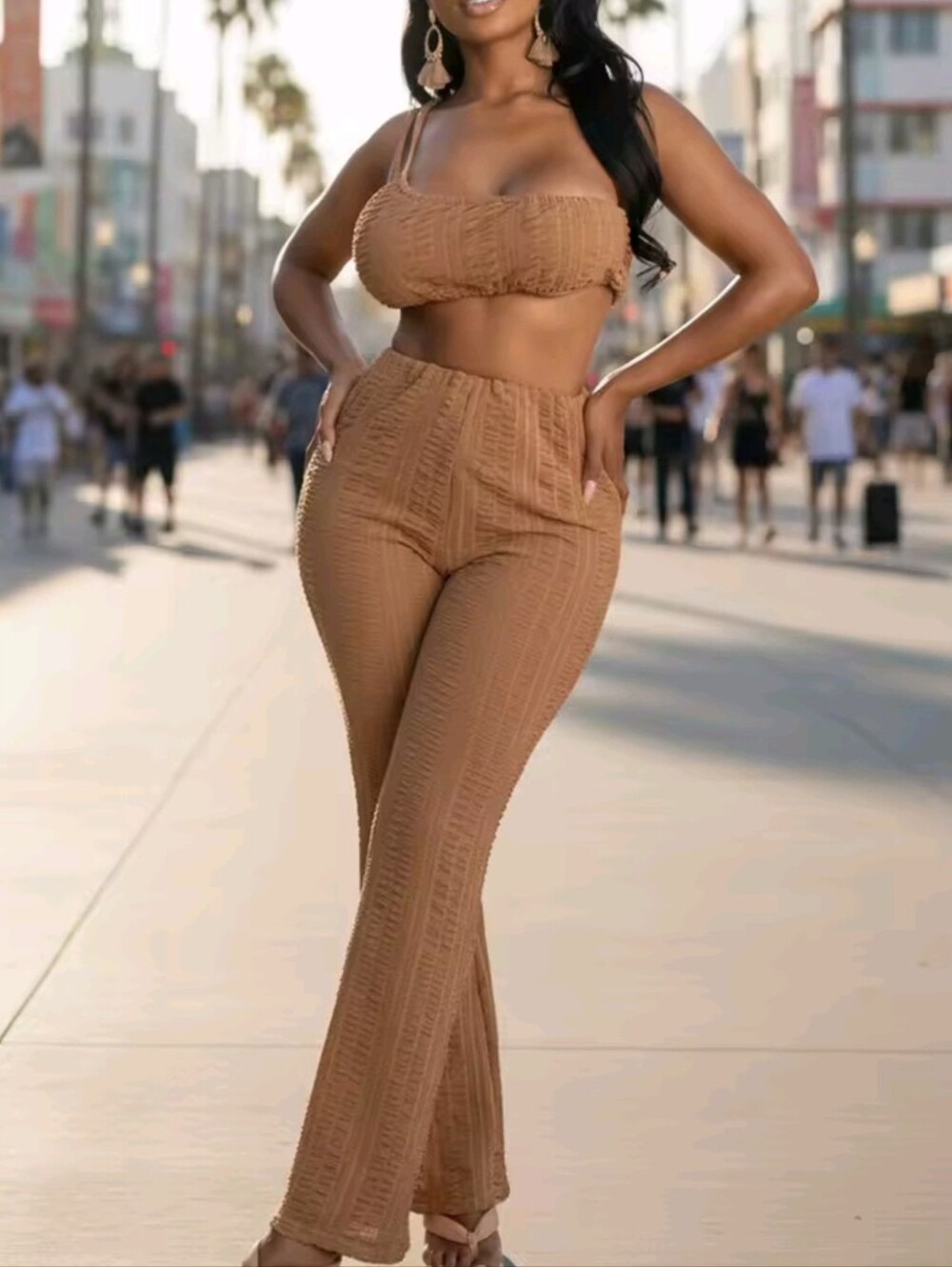 Women's 2 Piece Caramel Spaghetti Strap Bandeau Top Pocket Flare Pants Set